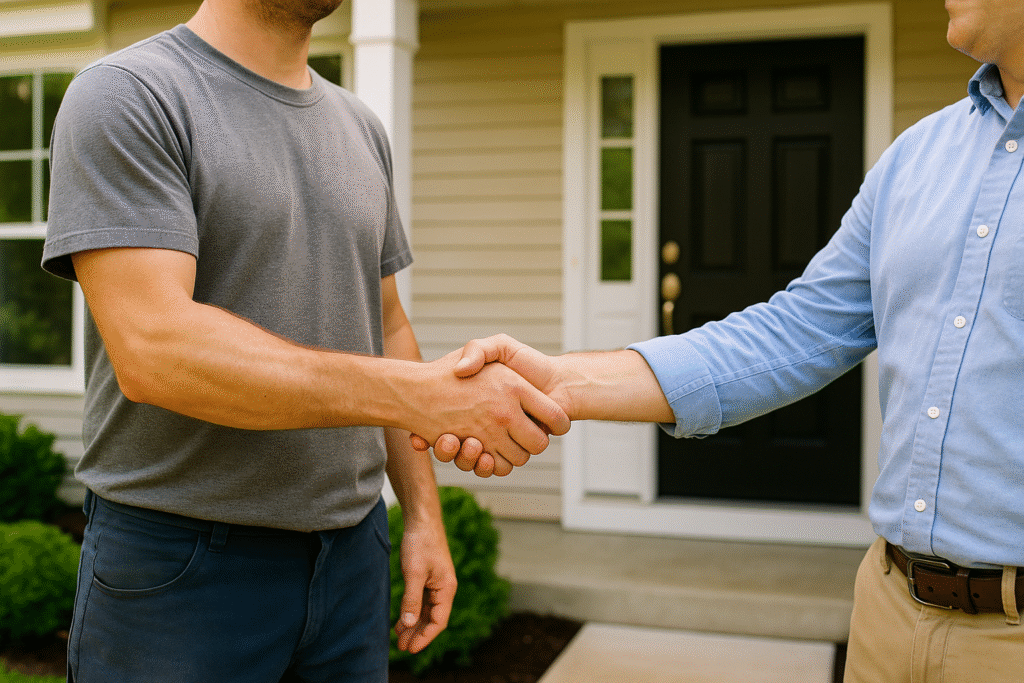 Deux hommes se serrent la main devant une maison, symbolisant une entente ou un service professionnel de confiance.