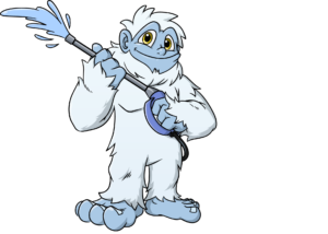 Mascotte de Yéti Propre, un yéti souriant avec une lance de lavage à pression, symbole de nettoyage professionnel.